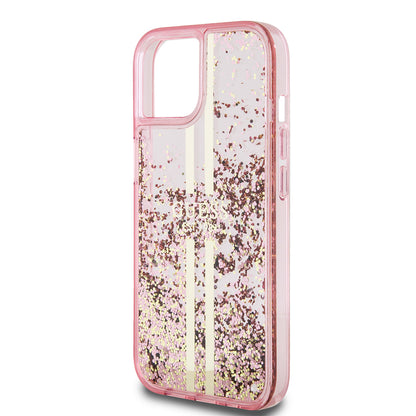 Hoes voor Apple iPhone 15 Plus, Guess, Liquid Glitter Gold Stripes, Roze