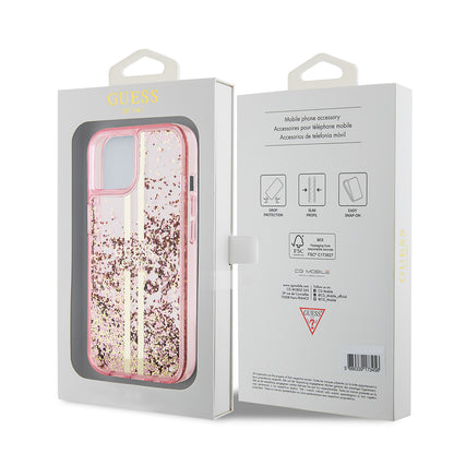 Hoes voor Apple iPhone 15 Plus, Guess, Liquid Glitter Gold Stripes, Roze