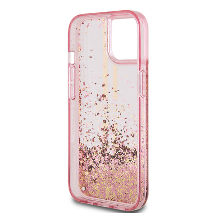 Hoes voor Apple iPhone 15 Plus, Guess, Liquid Glitter Gold Stripes, Roze