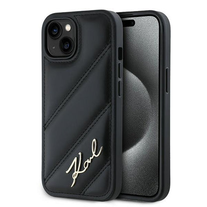 Hoes voor Apple iPhone 15 Plus, Karl Lagerfeld, Diagonal Quilted Script, Zwart