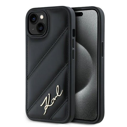 Hoes voor Apple iPhone 15 Plus, Karl Lagerfeld, Diagonal Quilted Script, Zwart