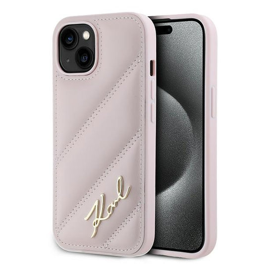 Hoes voor Apple iPhone 15 Plus, Karl Lagerfeld, Diagonal Quilted Script, Roze