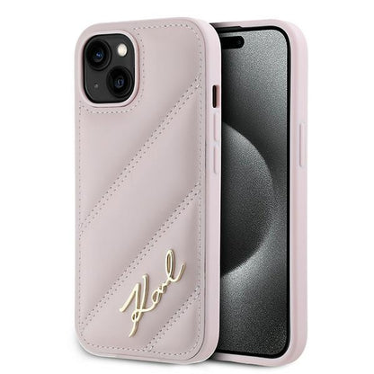 Hoes voor Apple iPhone 15 Plus, Karl Lagerfeld, Diagonal Quilted Script, Roze
