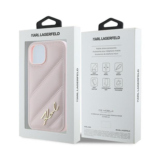 Hoes voor Apple iPhone 15 Plus, Karl Lagerfeld, Diagonal Quilted Script, Roze