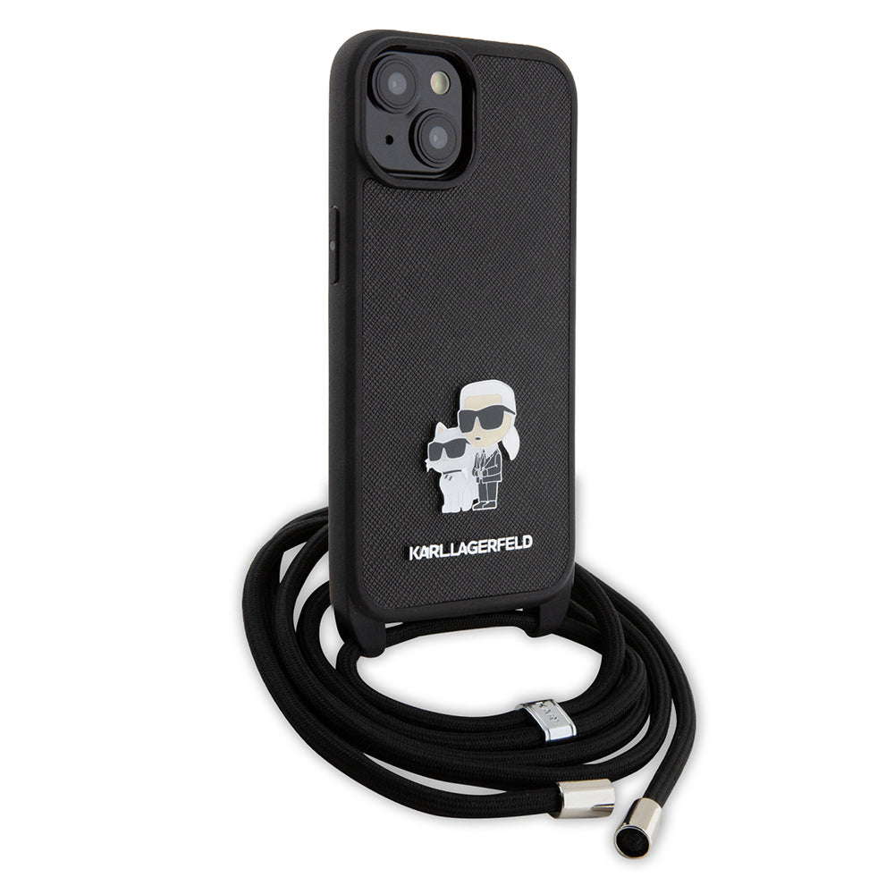 Hoes voor Apple iPhone 15 Plus, Karl Lagerfeld, Saffiano Crossbody Metal Pin Karl & Choupette, Zwart