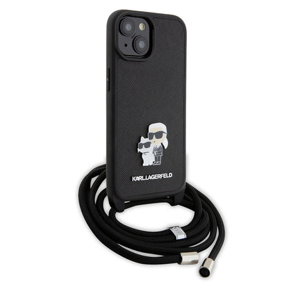Hoes voor Apple iPhone 15 Plus, Karl Lagerfeld, Saffiano Crossbody Metal Pin Karl & Choupette, Zwart