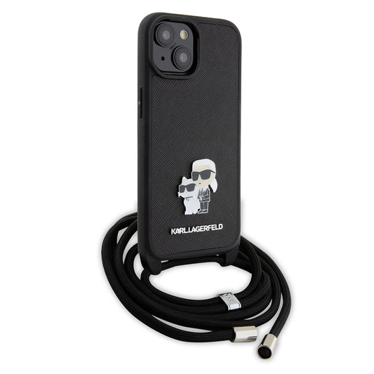 Hoes voor Apple iPhone 15 Plus, Karl Lagerfeld, Saffiano Crossbody Metal Pin Karl & Choupette, Zwart