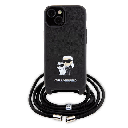 Hoes voor Apple iPhone 15 Plus, Karl Lagerfeld, Saffiano Crossbody Metal Pin Karl & Choupette, Zwart