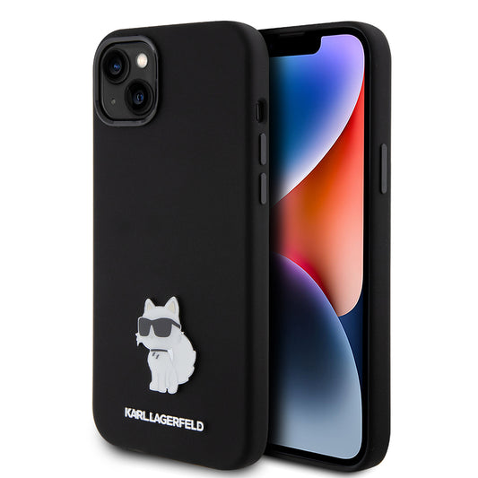 Hoes voor Apple iPhone 15 Plus, Karl Lagerfeld, Silicone Choupette Metal, Zwart