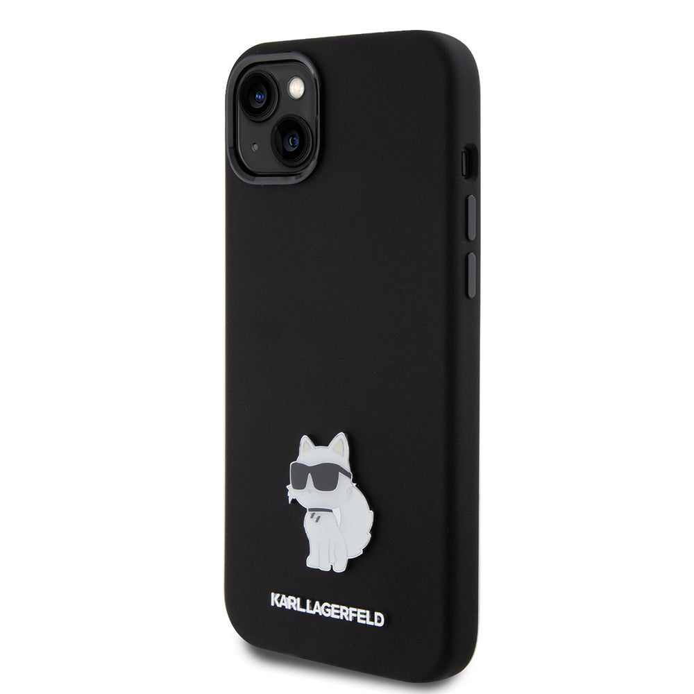 Hoes voor Apple iPhone 15 Plus, Karl Lagerfeld, Silicone Choupette Metal, Zwart