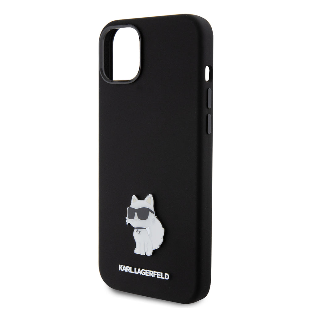 Hoes voor Apple iPhone 15 Plus, Karl Lagerfeld, Silicone Choupette Metal, Zwart