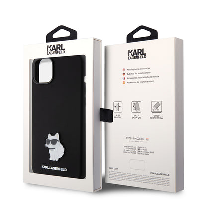 Hoes voor Apple iPhone 15 Plus, Karl Lagerfeld, Silicone Choupette Metal, Zwart