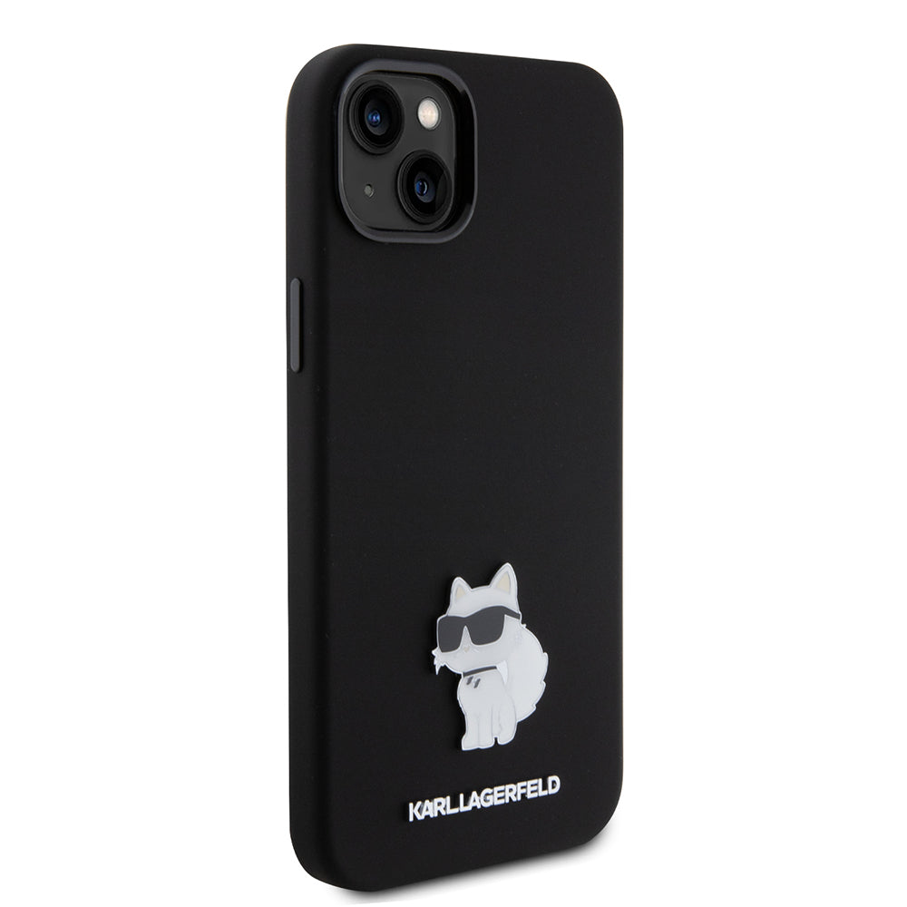 Hoes voor Apple iPhone 15 Plus, Karl Lagerfeld, Silicone Choupette Metal, Zwart