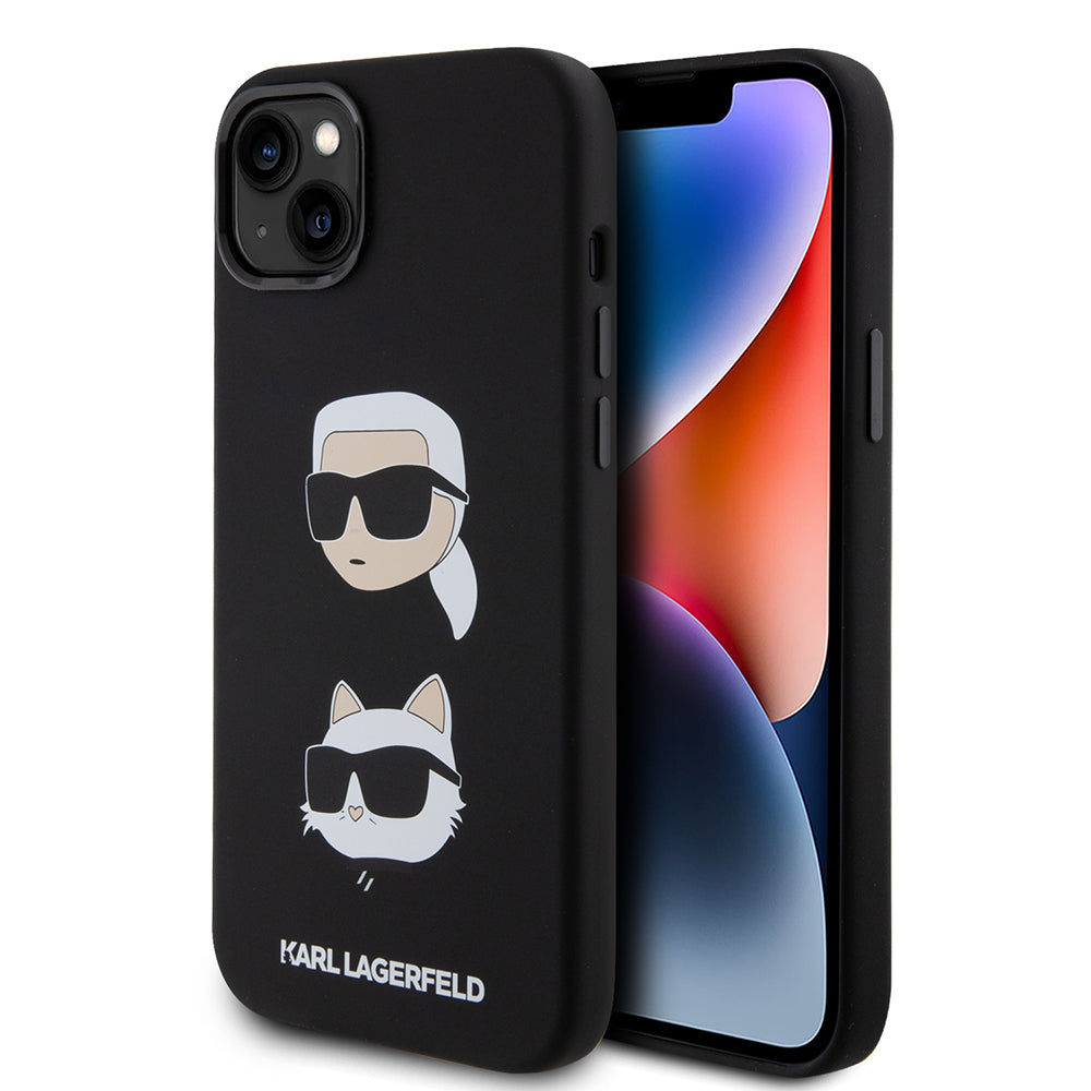 Hoes voor Apple iPhone 15 Plus, Karl Lagerfeld, Silicone Karl & Choupette's Heads, Zwart