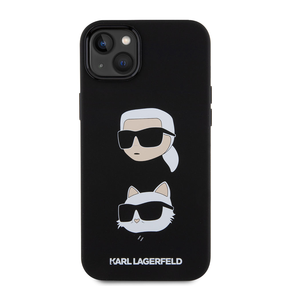 Hoes voor Apple iPhone 15 Plus, Karl Lagerfeld, Silicone Karl & Choupette's Heads, Zwart