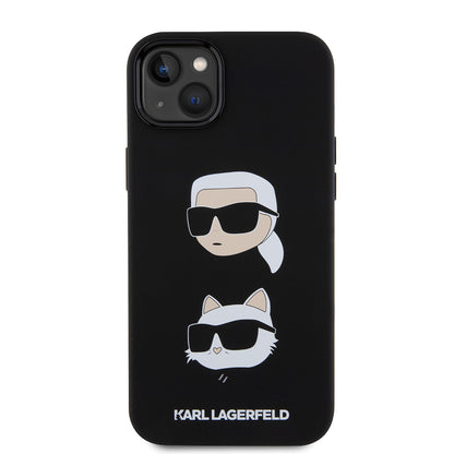 Hoes voor Apple iPhone 15 Plus, Karl Lagerfeld, Silicone Karl & Choupette's Heads, Zwart