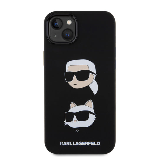 Hoes voor Apple iPhone 15 Plus, Karl Lagerfeld, Silicone Karl & Choupette's Heads, Zwart