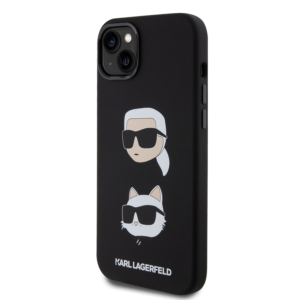 Hoes voor Apple iPhone 15 Plus, Karl Lagerfeld, Silicone Karl & Choupette's Heads, Zwart