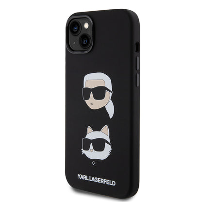 Hoes voor Apple iPhone 15 Plus, Karl Lagerfeld, Silicone Karl & Choupette's Heads, Zwart