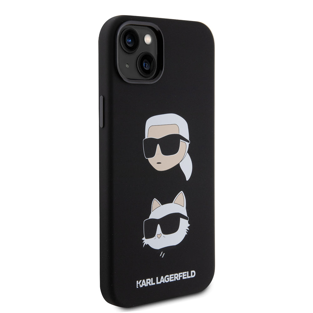 Hoes voor Apple iPhone 15 Plus, Karl Lagerfeld, Silicone Karl & Choupette's Heads, Zwart