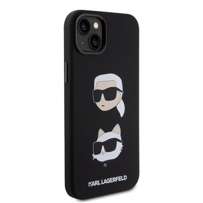 Hoes voor Apple iPhone 15 Plus, Karl Lagerfeld, Silicone Karl & Choupette's Heads, Zwart