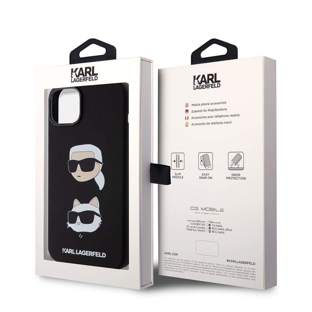 Hoes voor Apple iPhone 15 Plus, Karl Lagerfeld, Silicone Karl & Choupette's Heads, Zwart