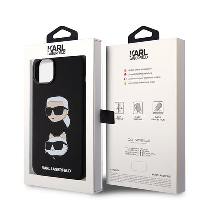 Hoes voor Apple iPhone 15 Plus, Karl Lagerfeld, Silicone Karl & Choupette's Heads, Zwart