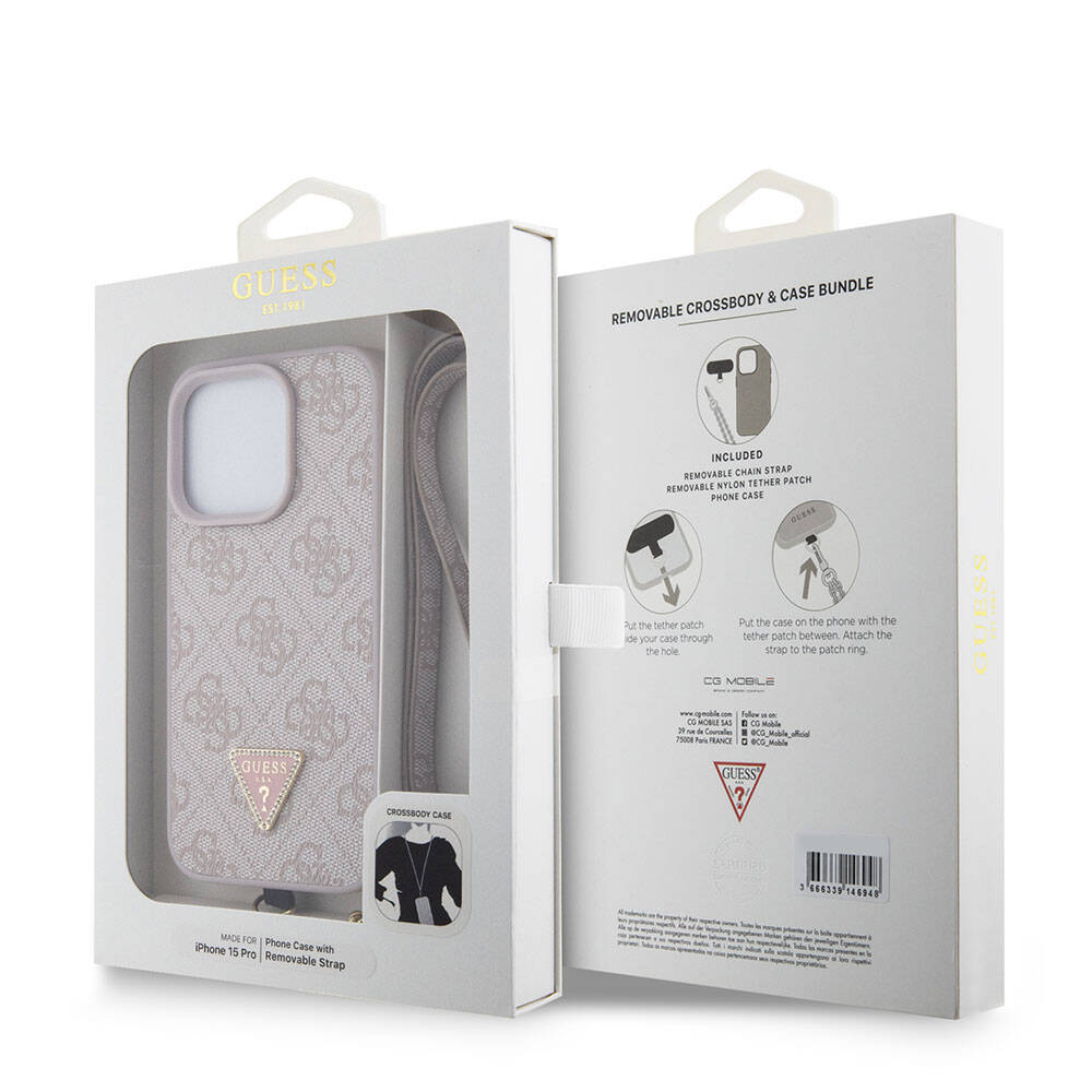 Hoes voor Apple iPhone 15 Pro, Guess, Crossbody 4G Metal Logo, Roze
