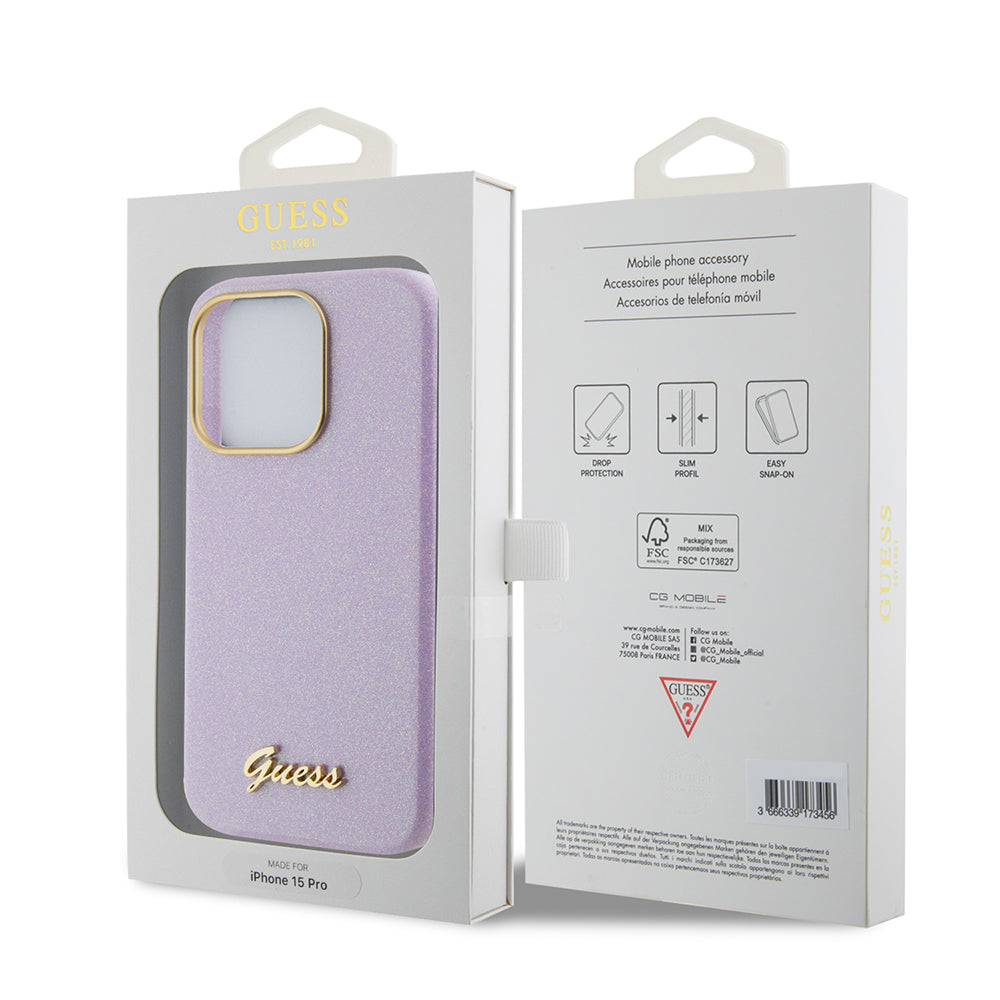 Hoes voor Apple iPhone 15 Pro, Guess, Glitter Glossy Script, Lichtpaars
