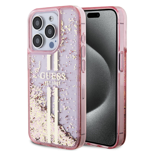 Hoesje voor Apple iPhone 15 Pro, Guess, Liquid Glitter Gold Stripes, Roze