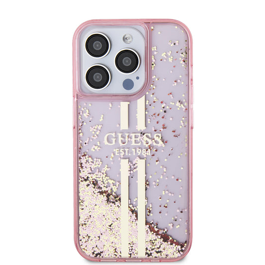 Hoesje voor Apple iPhone 15 Pro, Guess, Liquid Glitter Gold Stripes, Roze