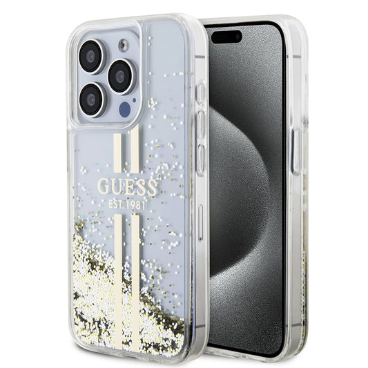 Hoes voor Apple iPhone 15 Pro, Guess, Liquid Glitter Gold Stripes, Transparant