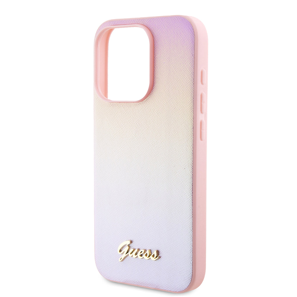 Hoes voor Apple iPhone 15 Pro, Guess, Saffiano Iridescent Script, Roze