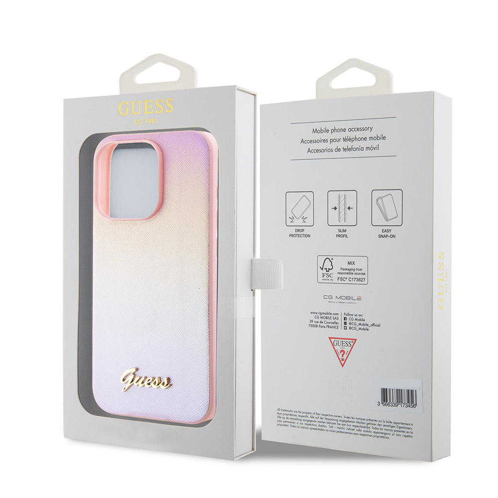 Hoes voor Apple iPhone 15 Pro, Guess, Saffiano Iridescent Script, Roze