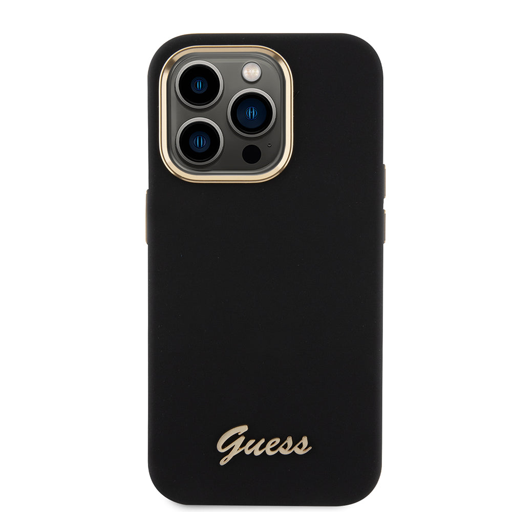 Hoes voor Apple iPhone 15 Pro, Guess, Script Metal Logo & Frame, Zwart