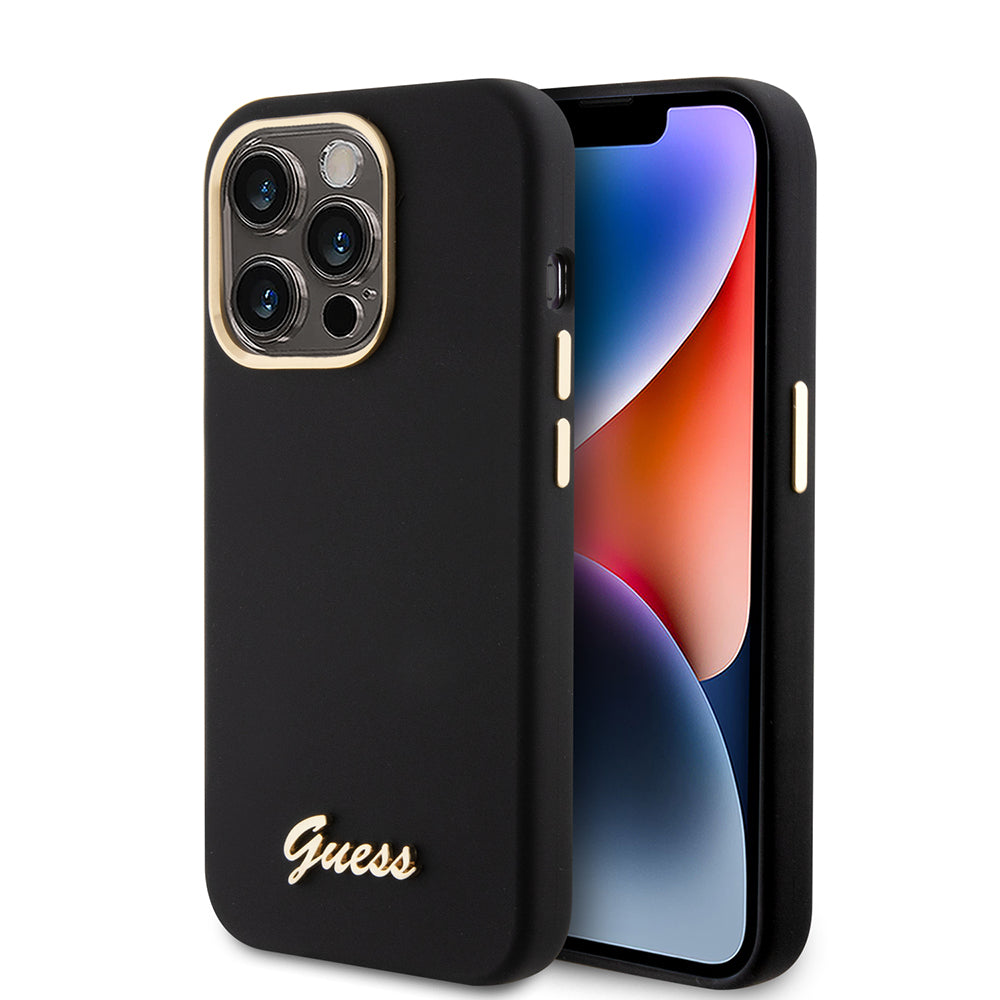 Hoes voor Apple iPhone 15 Pro, Guess, Script Metal Logo & Frame, Zwart