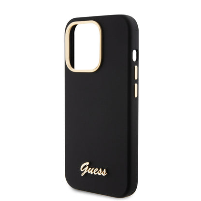 Hoes voor Apple iPhone 15 Pro, Guess, Script Metal Logo & Frame, Zwart