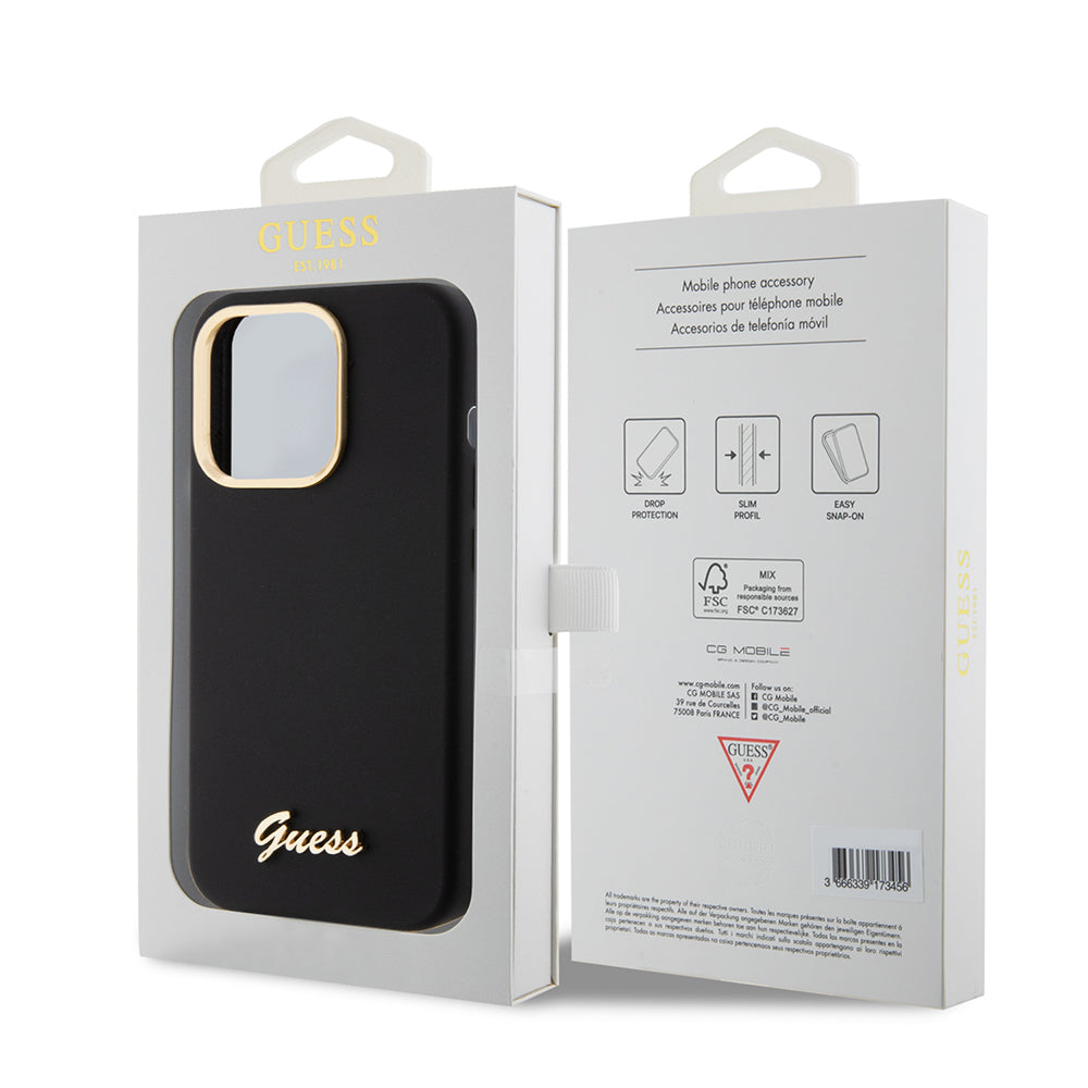 Hoes voor Apple iPhone 15 Pro, Guess, Script Metal Logo & Frame, Zwart