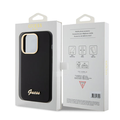 Hoes voor Apple iPhone 15 Pro, Guess, Script Metal Logo & Frame, Zwart