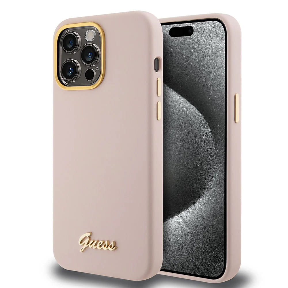 Hoesje voor Apple iPhone 15 Pro, Guess, Script Metal Logo & Frame, Lichtroze