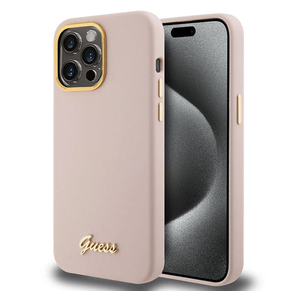 Hoesje voor Apple iPhone 15 Pro, Guess, Script Metal Logo & Frame, Lichtroze