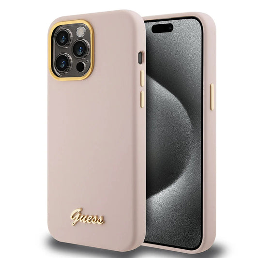 Hoesje voor Apple iPhone 15 Pro, Guess, Script Metal Logo & Frame, Lichtroze