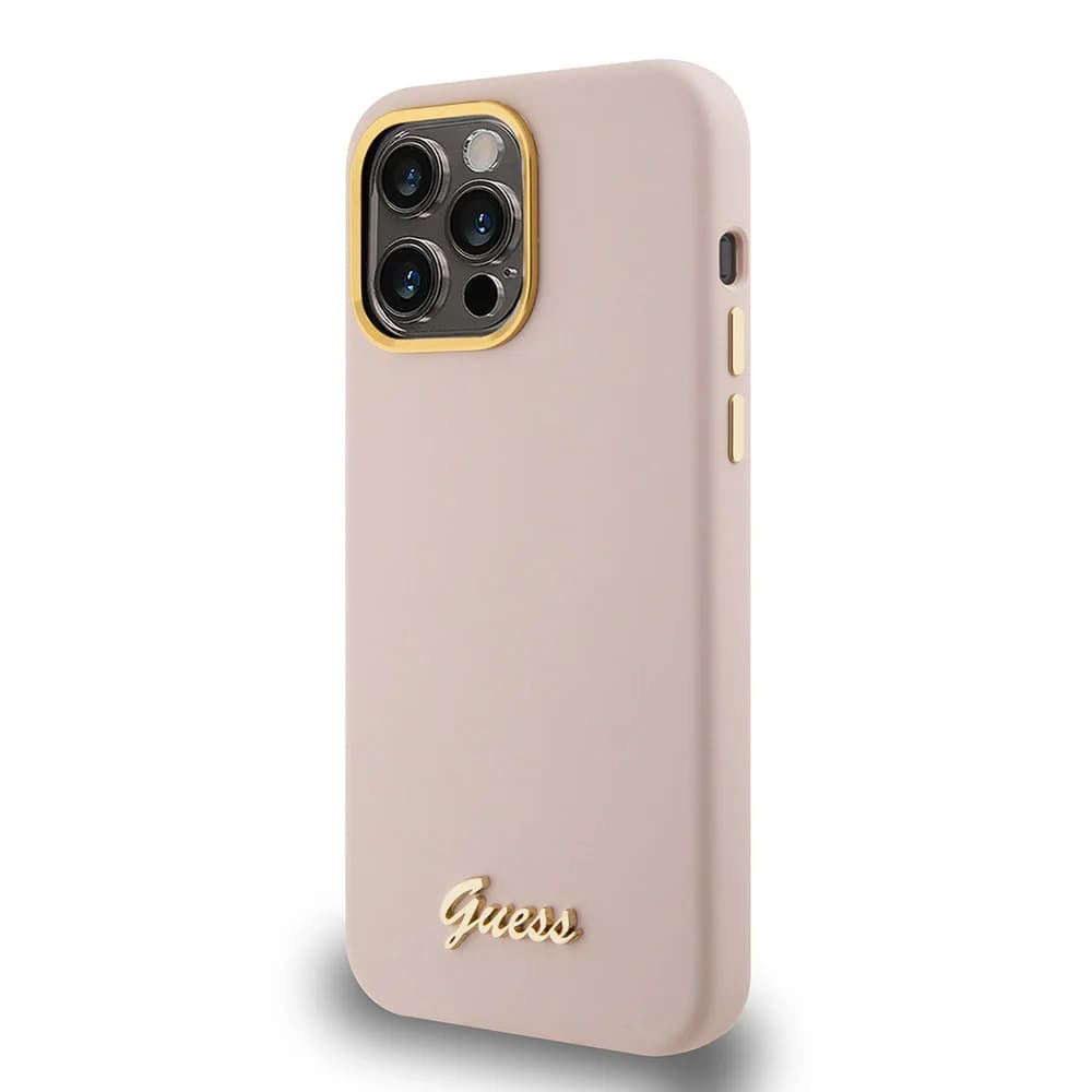 Hoesje voor Apple iPhone 15 Pro, Guess, Script Metal Logo & Frame, Lichtroze