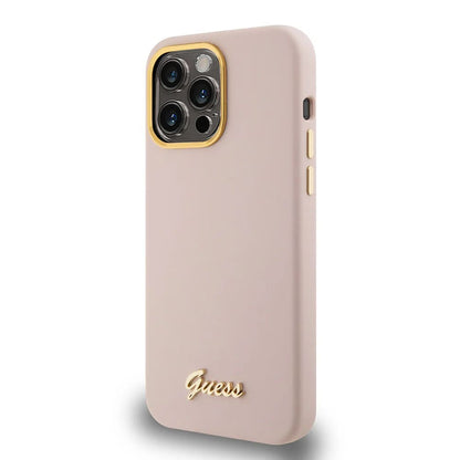Hoesje voor Apple iPhone 15 Pro, Guess, Script Metal Logo & Frame, Lichtroze