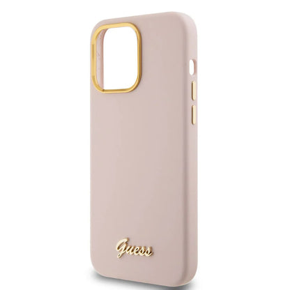 Hoesje voor Apple iPhone 15 Pro, Guess, Script Metal Logo & Frame, Lichtroze