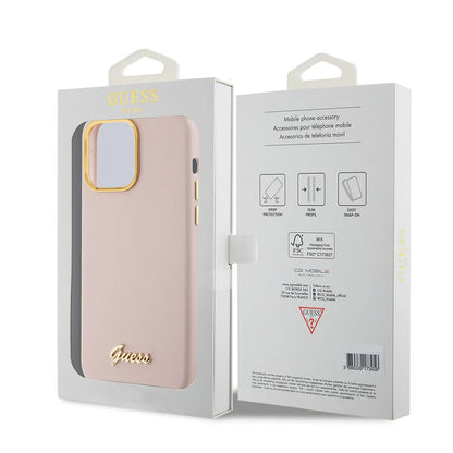 Hoesje voor Apple iPhone 15 Pro, Guess, Script Metal Logo & Frame, Lichtroze