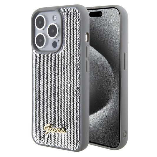 Hoes voor Apple iPhone 15 Pro, Guess, Sequin Script Metal, Zilverkleurig