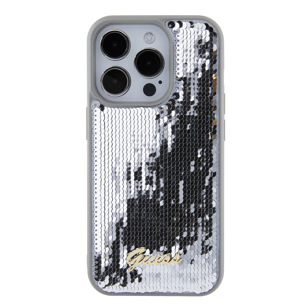 Hoes voor Apple iPhone 15 Pro, Guess, Sequin Script Metal, Zilverkleurig