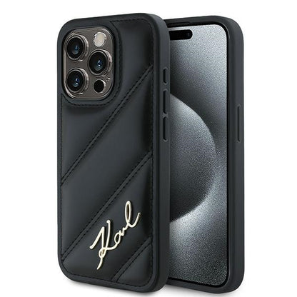 Hoes voor Apple iPhone 15 Pro, Karl Lagerfeld, Diagonal Quilted Script, Zwart