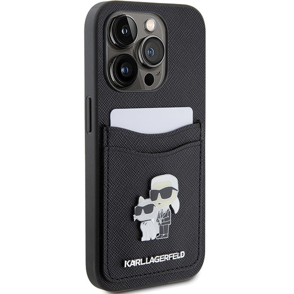 Hoes voor Apple iPhone 15 Pro, Karl Lagerfeld, Saffiano Card Slot Metal Karl & Choupette, Zwart